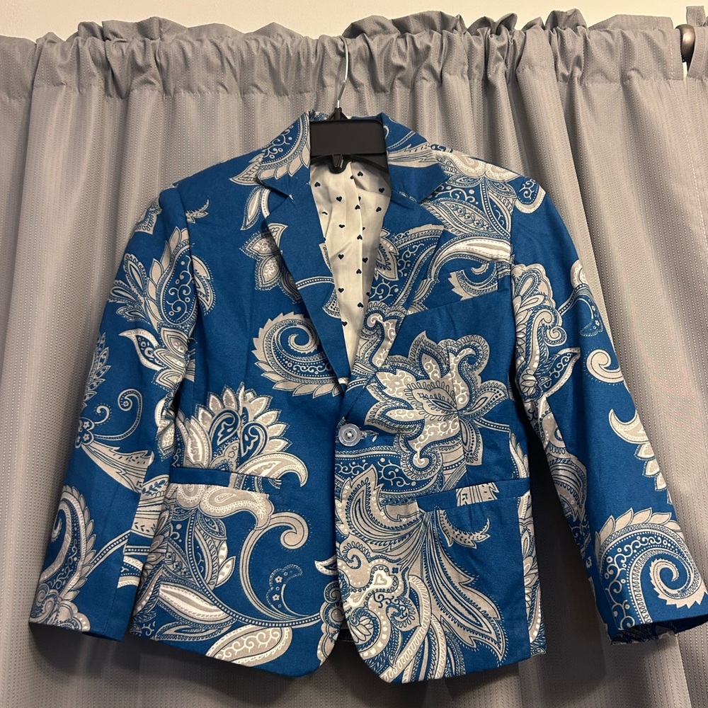 $19 Boys preppy Paisley Blue Blazer no tags Easter wedding measures 6/7 Easter
